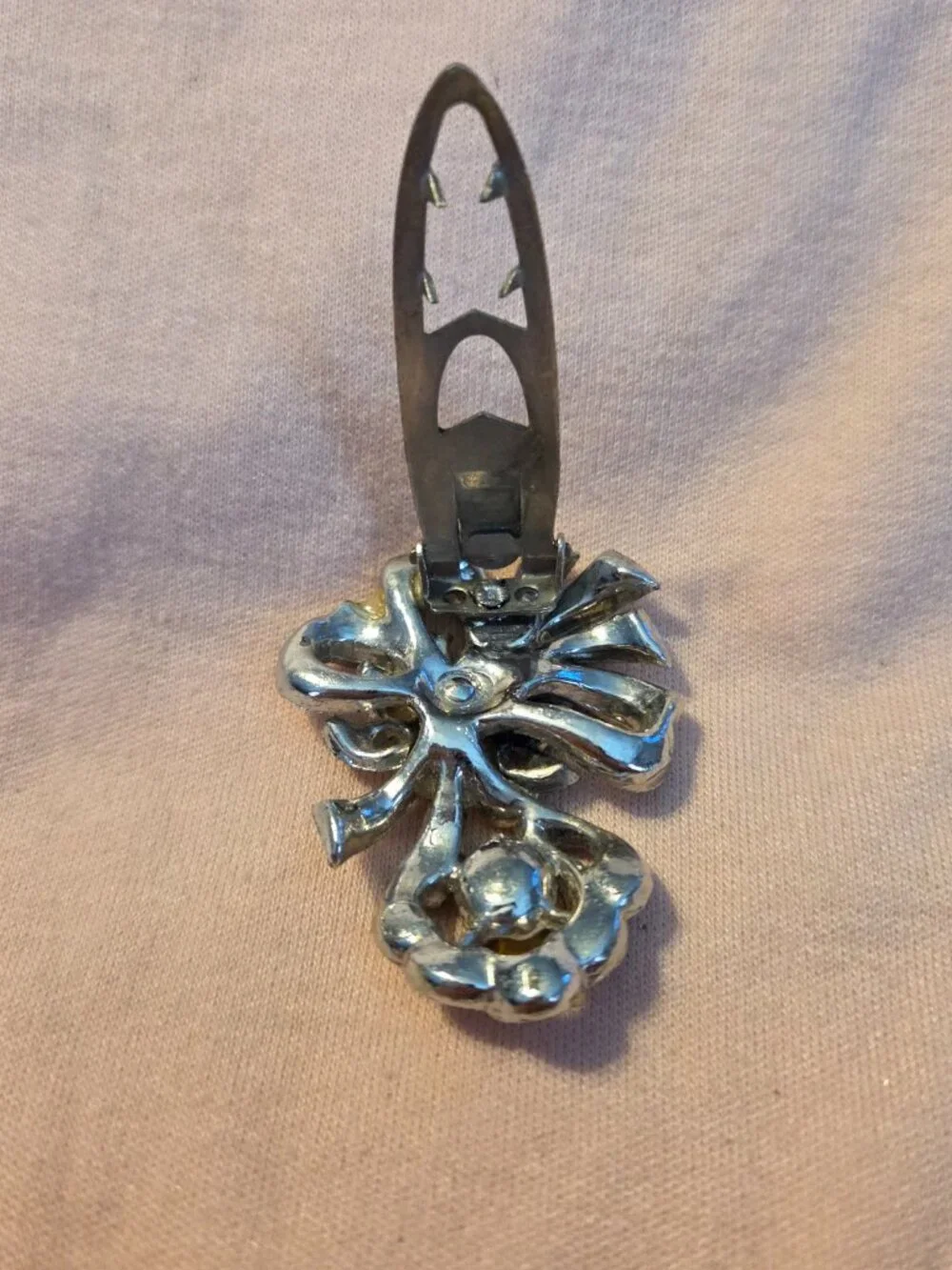 Vintage Silver-Tone Crystal Bow and Droplet Brooch | Retro Rhinestone Scarf Clip